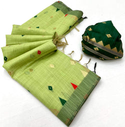 Bewitching Green Pure Munga Cotton Silk Saree With Outstanding Blouse Piece