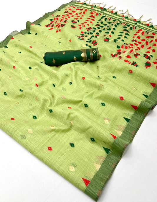 Bewitching Green Pure Munga Cotton Silk Saree With Outstanding Blouse Piece