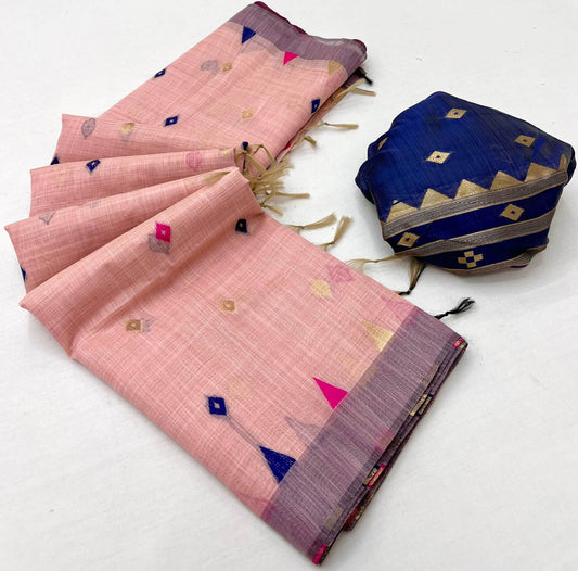 Scrupulous Pink Pure Munga Cotton Silk Saree With Stylish Blouse Piece