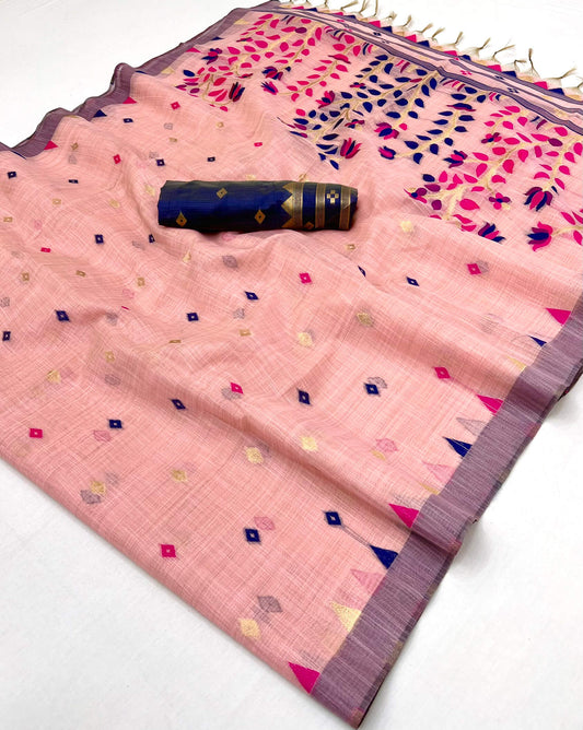 Scrupulous Pink Pure Munga Cotton Silk Saree With Stylish Blouse Piece
