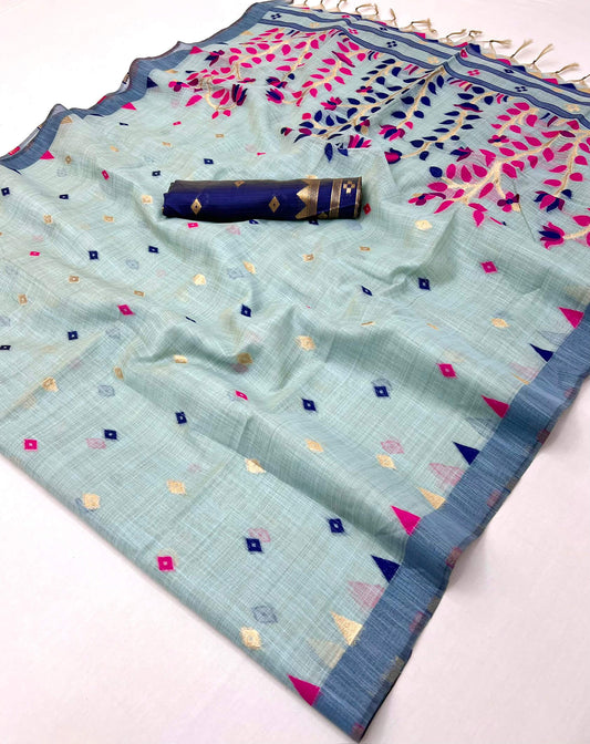 Luminous Sky Pure Munga Cotton Silk Saree With Impressive Blouse Piece