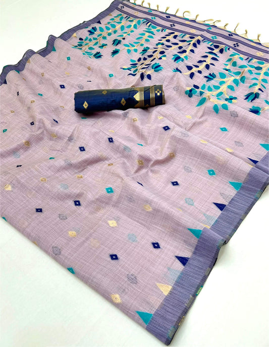 Prominent Lavender Pure Munga Cotton Silk Saree With Ethereal Blouse Piece