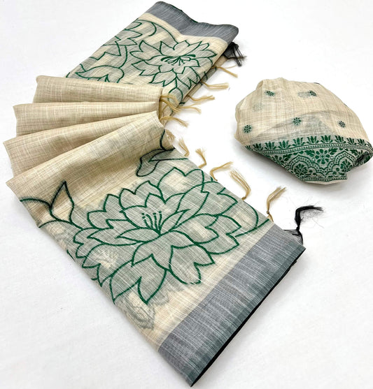 Twirling Beige Pure Munga Cotton Silk Saree With Sensational Blouse Piece