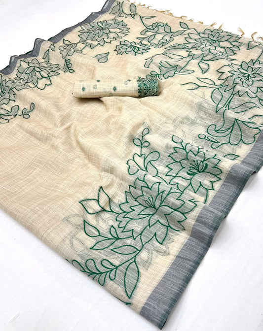 Twirling Beige Pure Munga Cotton Silk Saree With Sensational Blouse Piece