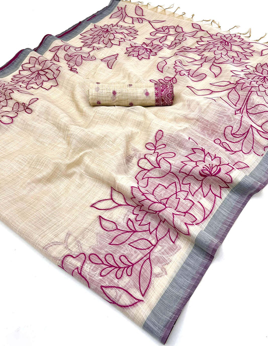 Seraglio Beige Pure Munga Cotton Silk Saree With Incomparable Blouse Piece