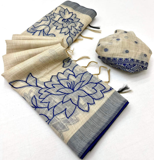 Captivating Beige Pure Munga Cotton Silk Saree With Imaginative Blouse Piece