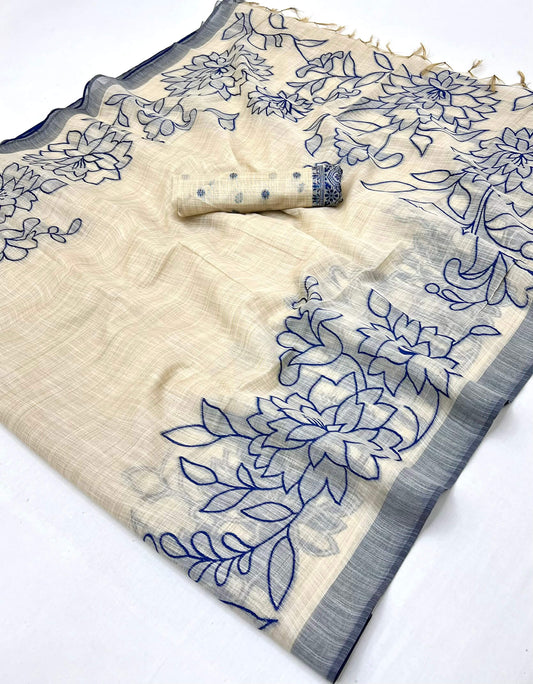 Captivating Beige Pure Munga Cotton Silk Saree With Imaginative Blouse Piece