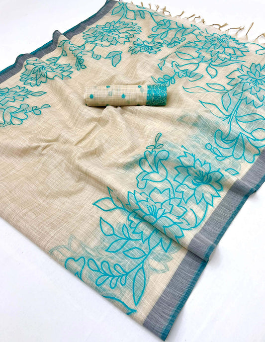 Mesmerising Beige Pure Munga Cotton Silk Saree With Trendy Blouse Piece