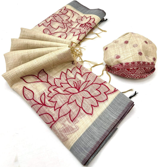 Glamorous Beige Pure Munga Cotton Silk Saree With Fairytale Blouse Piece