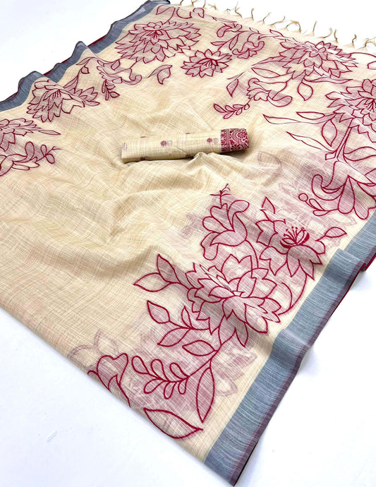 Glamorous Beige Pure Munga Cotton Silk Saree With Fairytale Blouse Piece