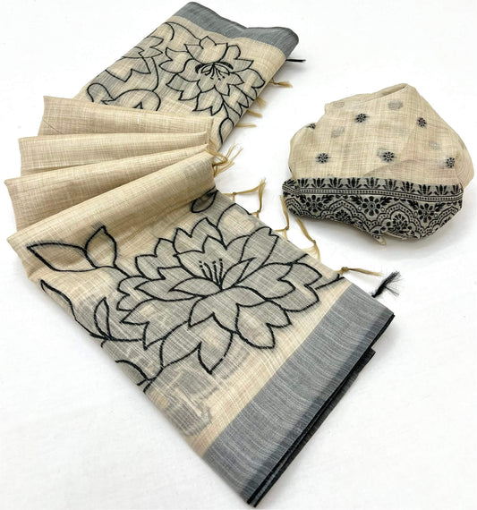 Embrocation Beige Pure Munga Cotton Silk Saree With Delightful Blouse Piece