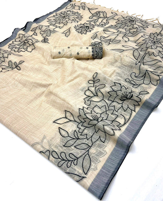 Embrocation Beige Pure Munga Cotton Silk Saree With Delightful Blouse Piece