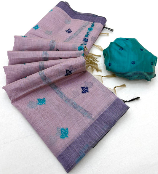 Stylish Lavender Pure Munga Cotton Silk Saree With Divine Blouse Piece
