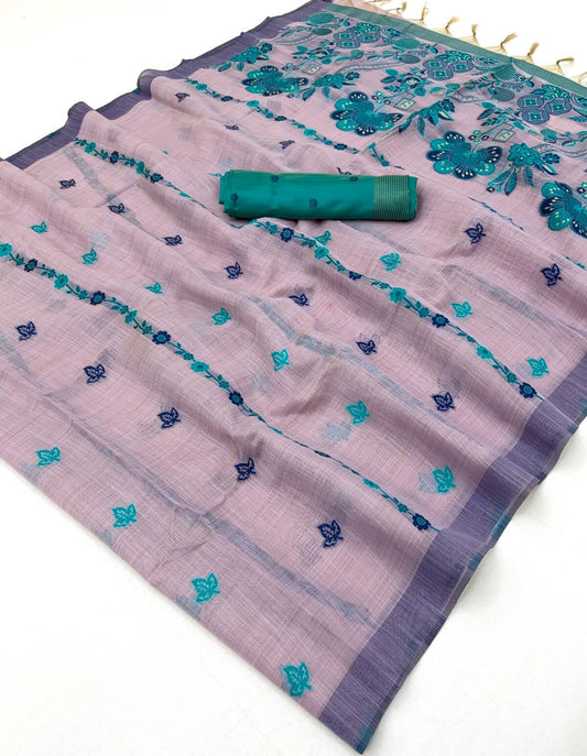 Stylish Lavender Pure Munga Cotton Silk Saree With Divine Blouse Piece