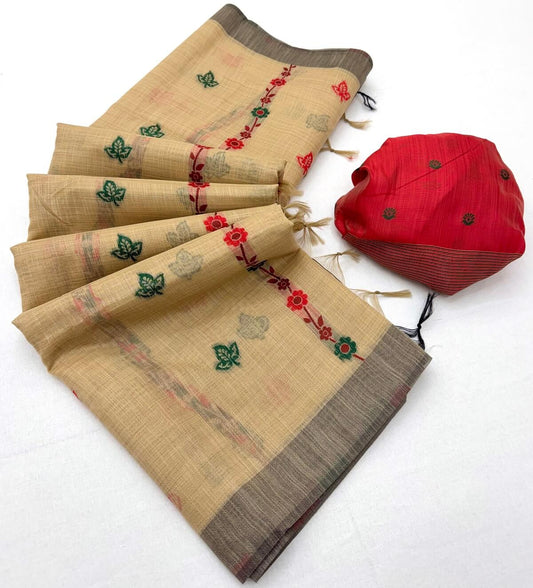 Beguiling Beige Pure Munga Cotton Silk Saree With Radiant Blouse Piece