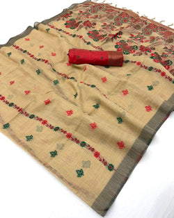 Beguiling Beige Pure Munga Cotton Silk Saree With Radiant Blouse Piece