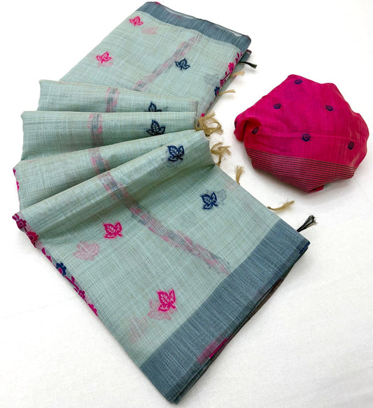 Lagniappe Sea Green Pure Munga Cotton Silk Saree With Outstanding Blouse Piece