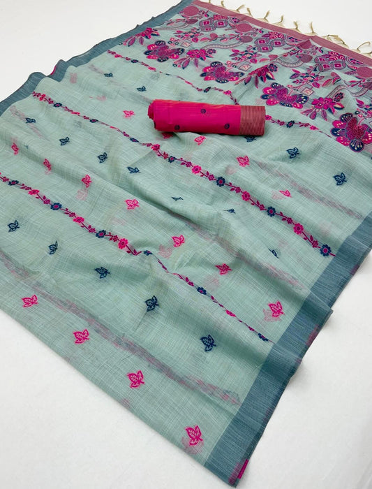 Lagniappe Sea Green Pure Munga Cotton Silk Saree With Outstanding Blouse Piece