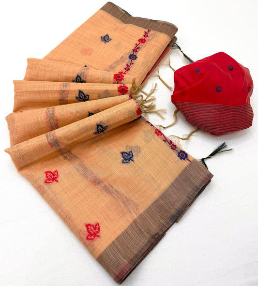 Piquant Peach Pure Munga Cotton Silk Saree With Palimpsest Blouse Piece