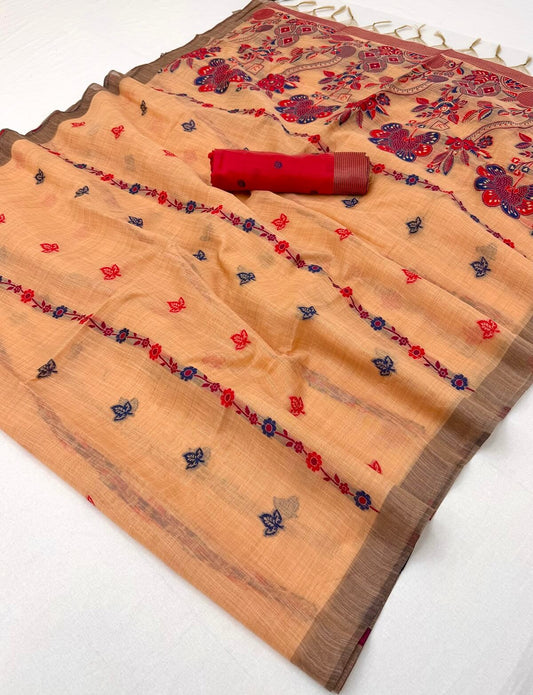 Piquant Peach Pure Munga Cotton Silk Saree With Palimpsest Blouse Piece