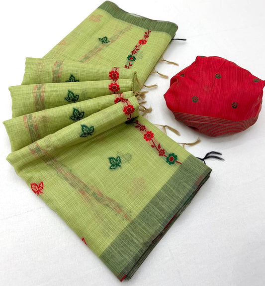 Seraphic Pista Pure Munga Cotton Silk Saree With Majesty Blouse Piece