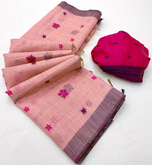 Vivacious Pink Pure Munga Cotton Silk Saree With Tantalizing Blouse Piece