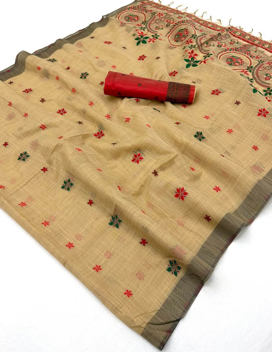 Beautiful Beige Pure Munga Cotton Silk Saree With Pleasant Blouse Piece