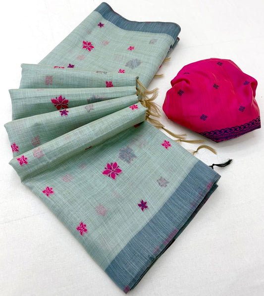 Deserving Sea Green Pure Munga Cotton Silk Saree With Efflorescence Blouse Piece