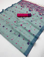 Deserving Sea Green Pure Munga Cotton Silk Saree With Efflorescence Blouse Piece