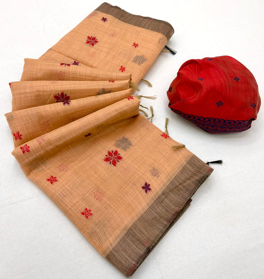 Cynosure Peach Pure Munga Cotton Silk Saree With Beauteous Blouse Piece