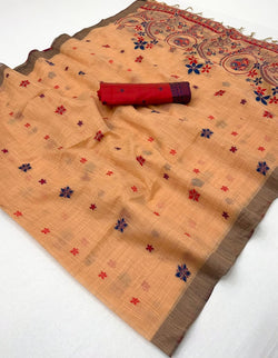 Cynosure Peach Pure Munga Cotton Silk Saree With Beauteous Blouse Piece