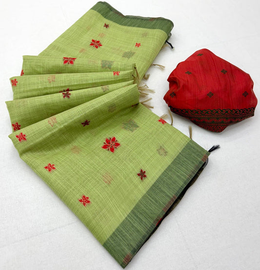Gorgeous Pista Pure Munga Cotton Silk Saree With Entrancing Blouse Piece