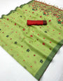 Gorgeous Pista Pure Munga Cotton Silk Saree With Entrancing Blouse Piece