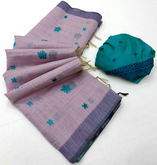 Appealing Lavender Pure Munga Cotton Silk Saree With Mellifluous Blouse Piece