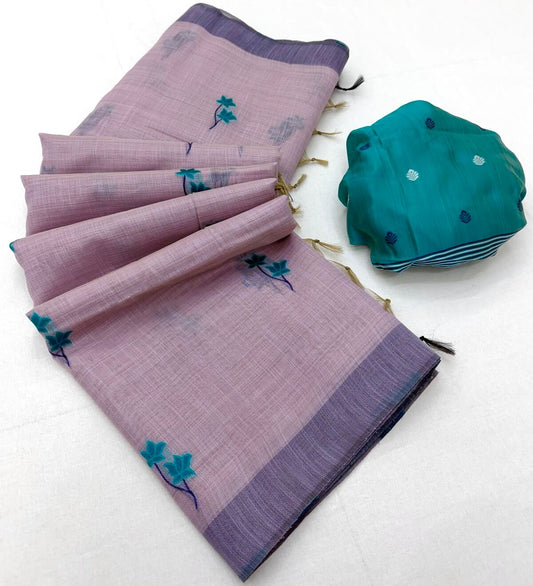 Trendy Lavender Pure Munga Cotton Silk Saree With Profuse Blouse Piece