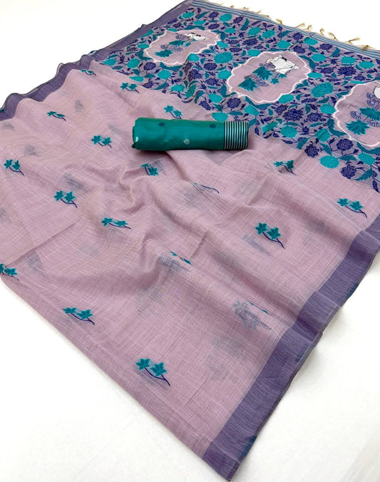 Trendy Lavender Pure Munga Cotton Silk Saree With Profuse Blouse Piece
