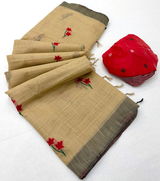 Stunning Beige Pure Munga Cotton Silk Saree With Pretty Blouse Piece