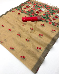 Stunning Beige Pure Munga Cotton Silk Saree With Pretty Blouse Piece