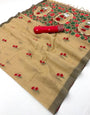 Stunning Beige Pure Munga Cotton Silk Saree With Pretty Blouse Piece