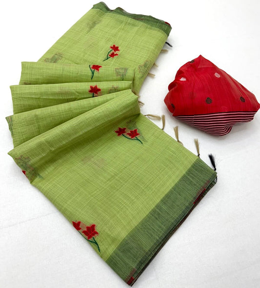 Engaging Pista Pure Munga Cotton Silk Saree With Flaunt Blouse Piece