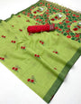 Engaging Pista Pure Munga Cotton Silk Saree With Flaunt Blouse Piece