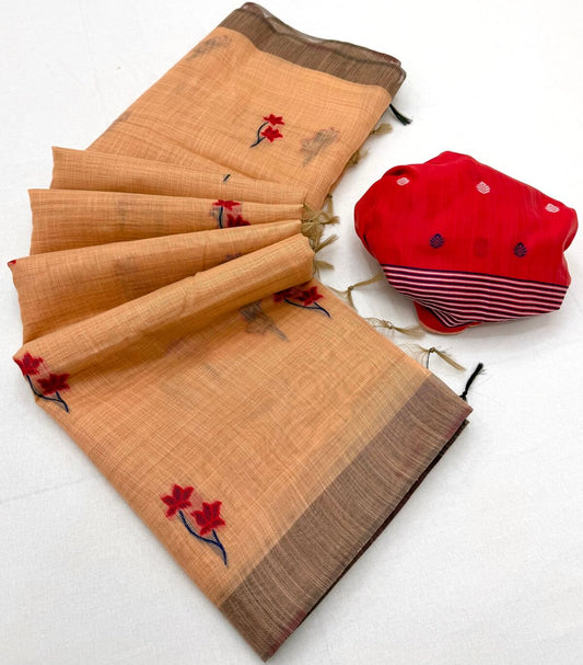 Captivating Peach Pure Munga Cotton Silk Saree With Murmurous Blouse Piece