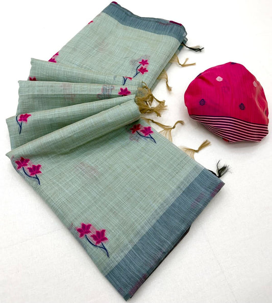 Fragrant Sea Green Pure Munga Cotton Silk Saree With Denouement Blouse Piece