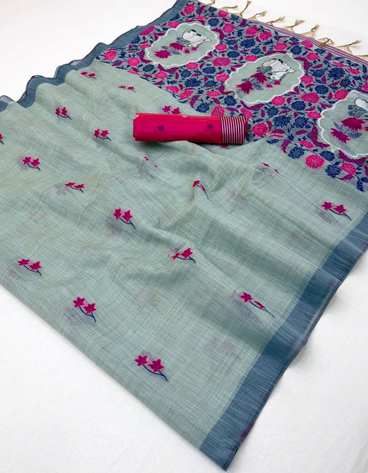 Fragrant Sea Green Pure Munga Cotton Silk Saree With Denouement Blouse Piece