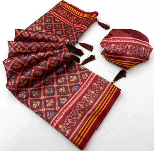 Deserving Wine Printed Patola Handloom Silk Saree With Felicitous Blouse Piece