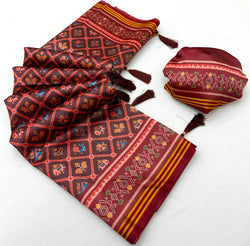 Deserving Wine Printed Patola Handloom Silk Saree With Felicitous Blouse Piece