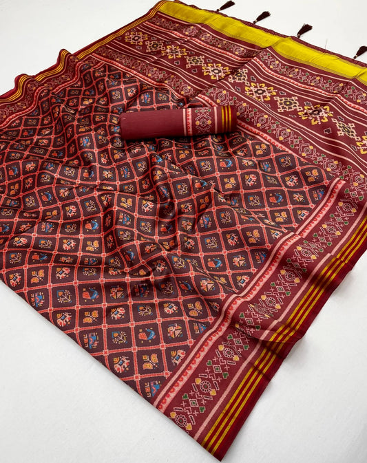 Deserving Wine Printed Patola Handloom Silk Saree With Felicitous Blouse Piece