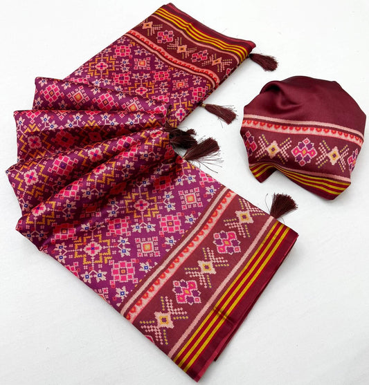 Ebullience Purple Printed Patola Handloom Silk Saree With Scintilla Blouse Piece