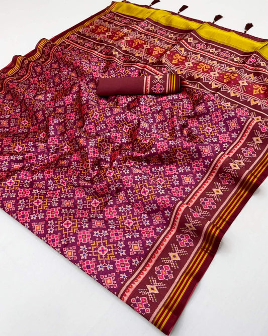 Ebullience Purple Printed Patola Handloom Silk Saree With Scintilla Blouse Piece