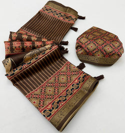 Panoply Brown Ajrakh Printed Soft Silk Saree With Enthralling Blouse Piece